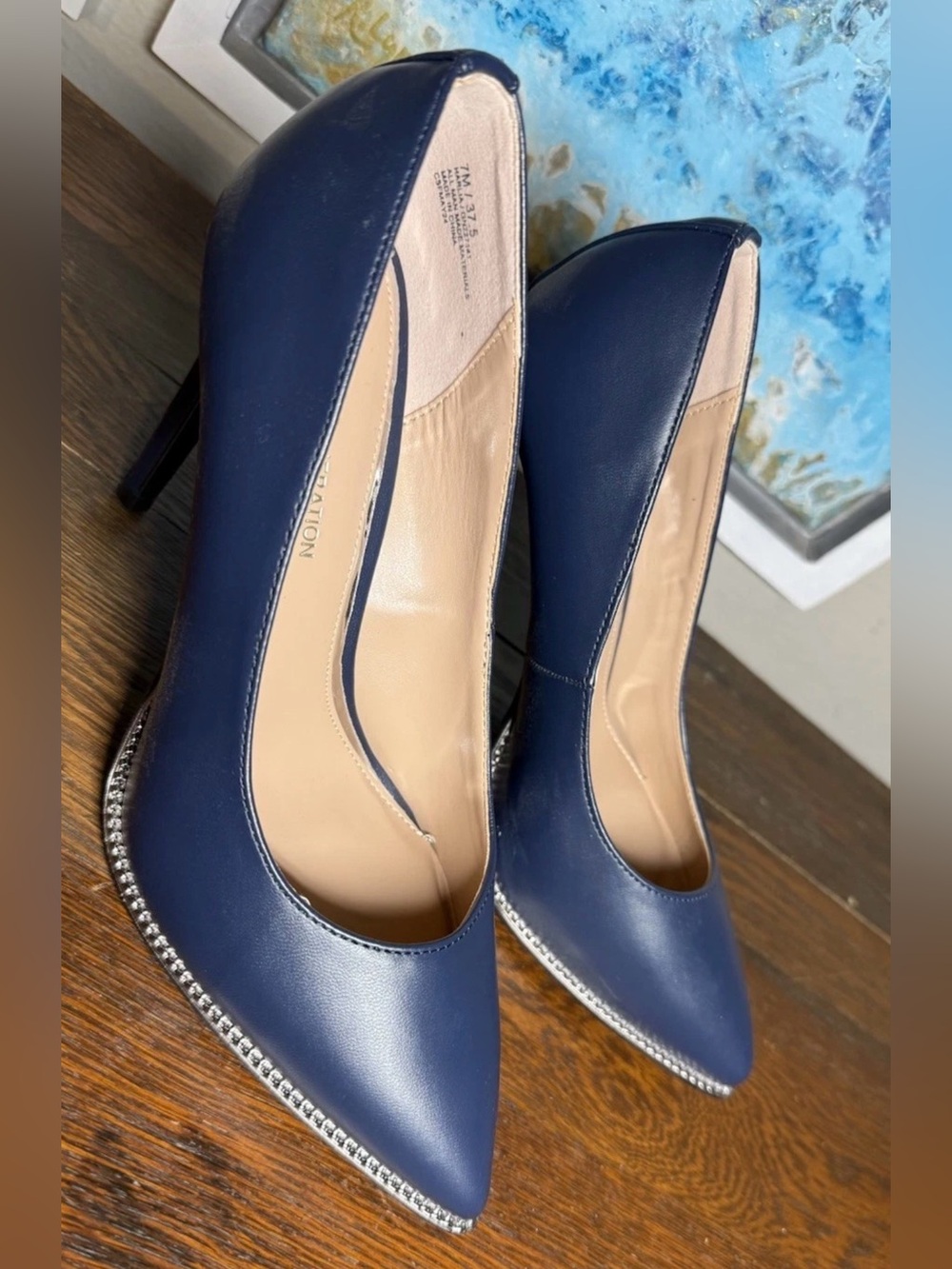 BCBGeneration “Harlia” Navy Pointed-Toe Stiletto Heels with Rhinestone Trim